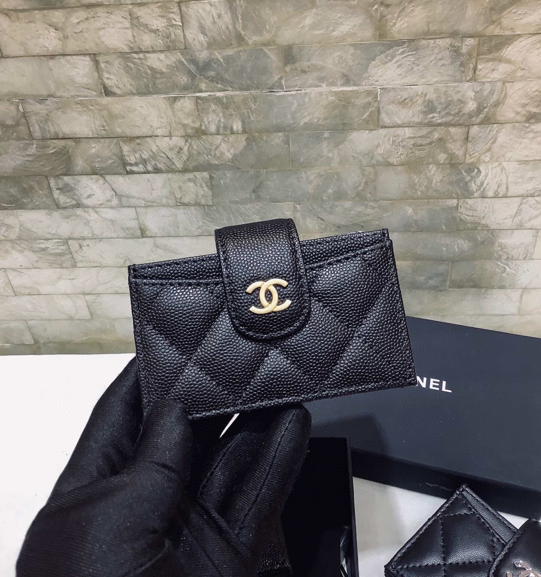 Ch**el CO-CO Card Holder Wallet Black Gold Hardware For Women 10cm/4in