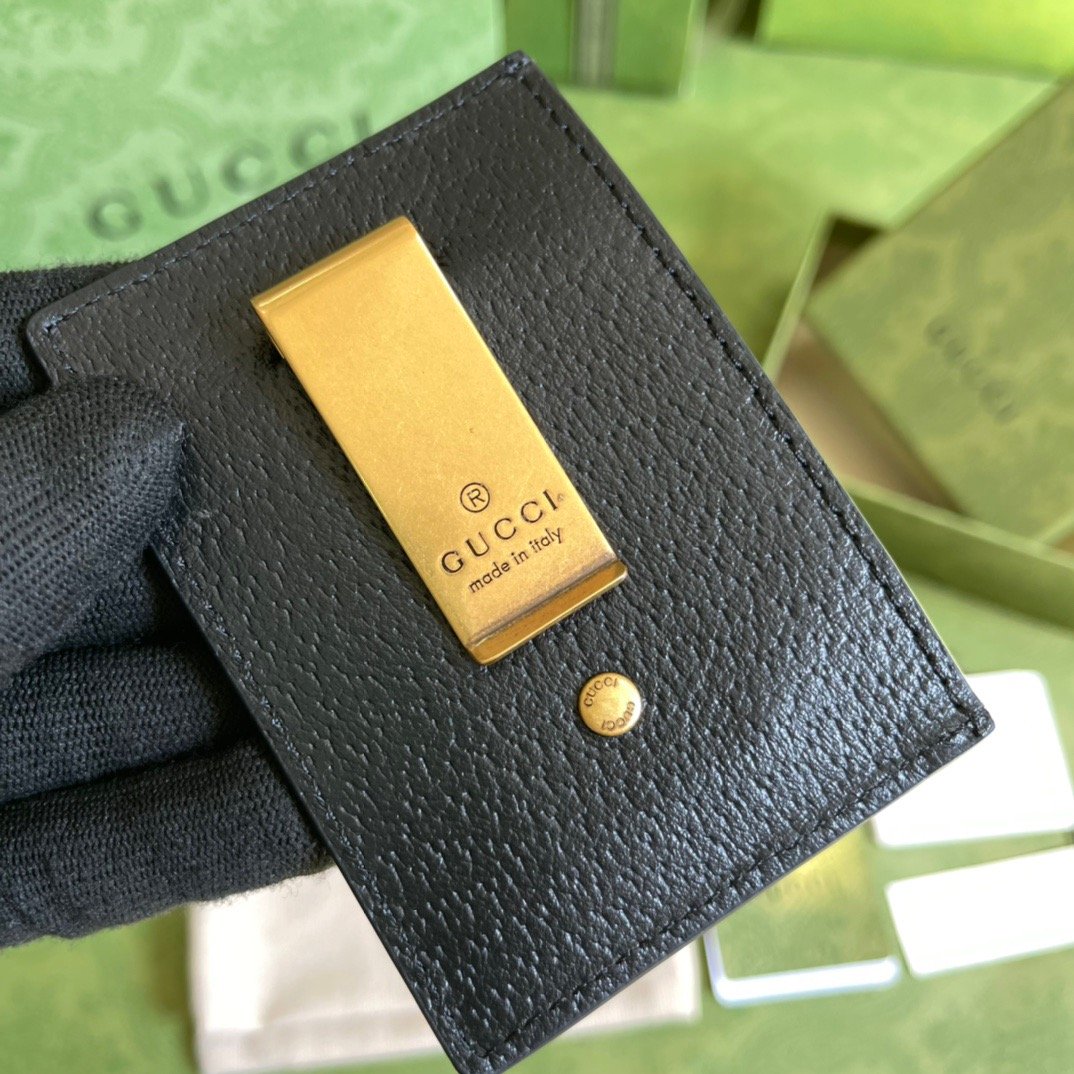 Gvc*1 GG Marmont Card Case Rough Black Gold Toned Hardware For Men 4in/10cm 436022 DJ20T 1000