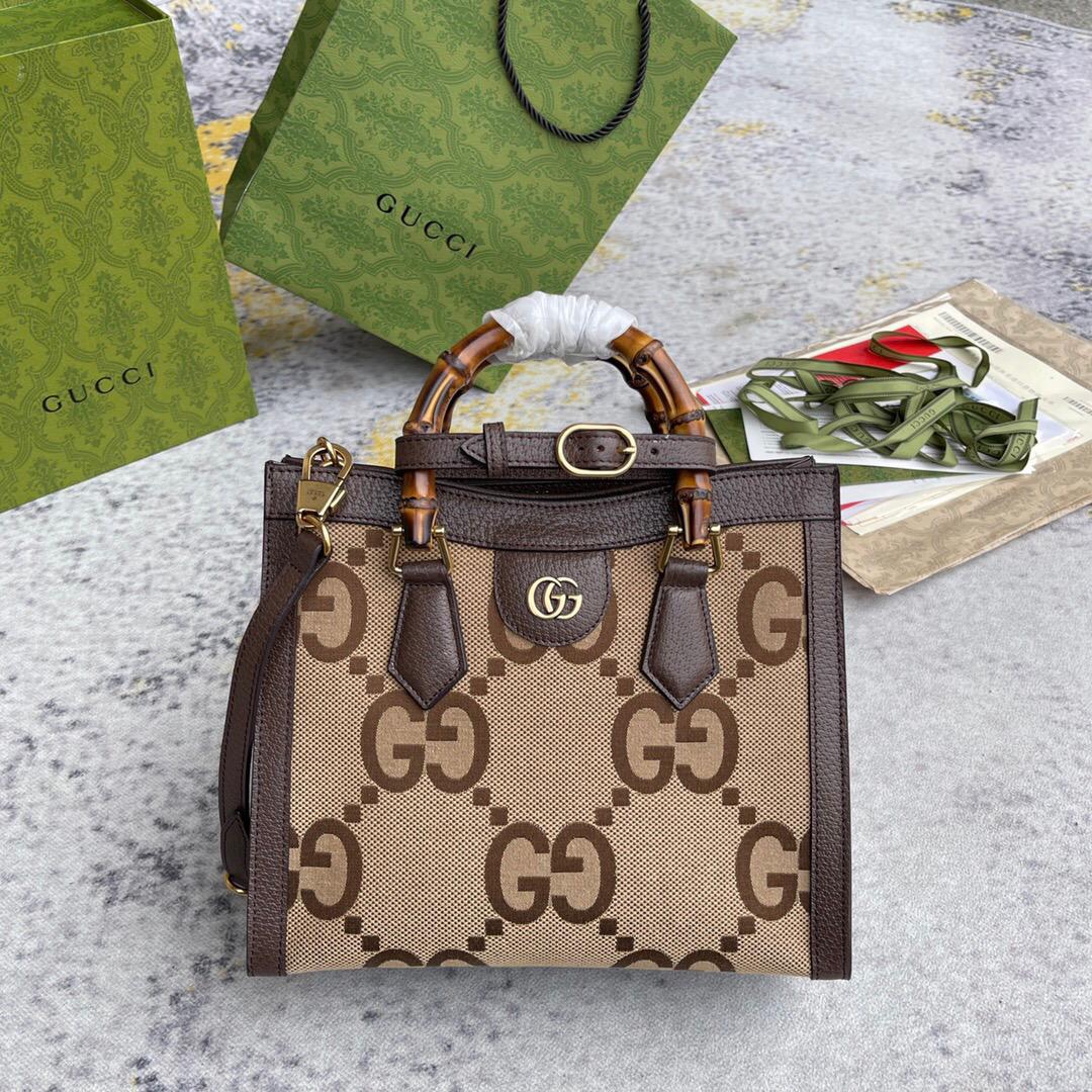 Gvc*1 Diana Jumbo GG Small Tote Bag Camel And Ebony Jumbo GG Canvas Brown For Women 11in/28cm 660195 UKMFT 2672