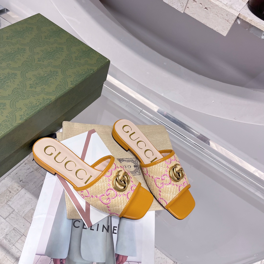 Gvc*1 Women’s GG Raffia Effect Slide Orange For Women GG 701106 UWB90 9670