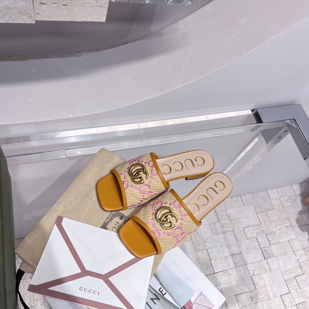 Gvc*1 Women’s GG Raffia Effect Slide Orange For Women GG 701106 UWB90 9670