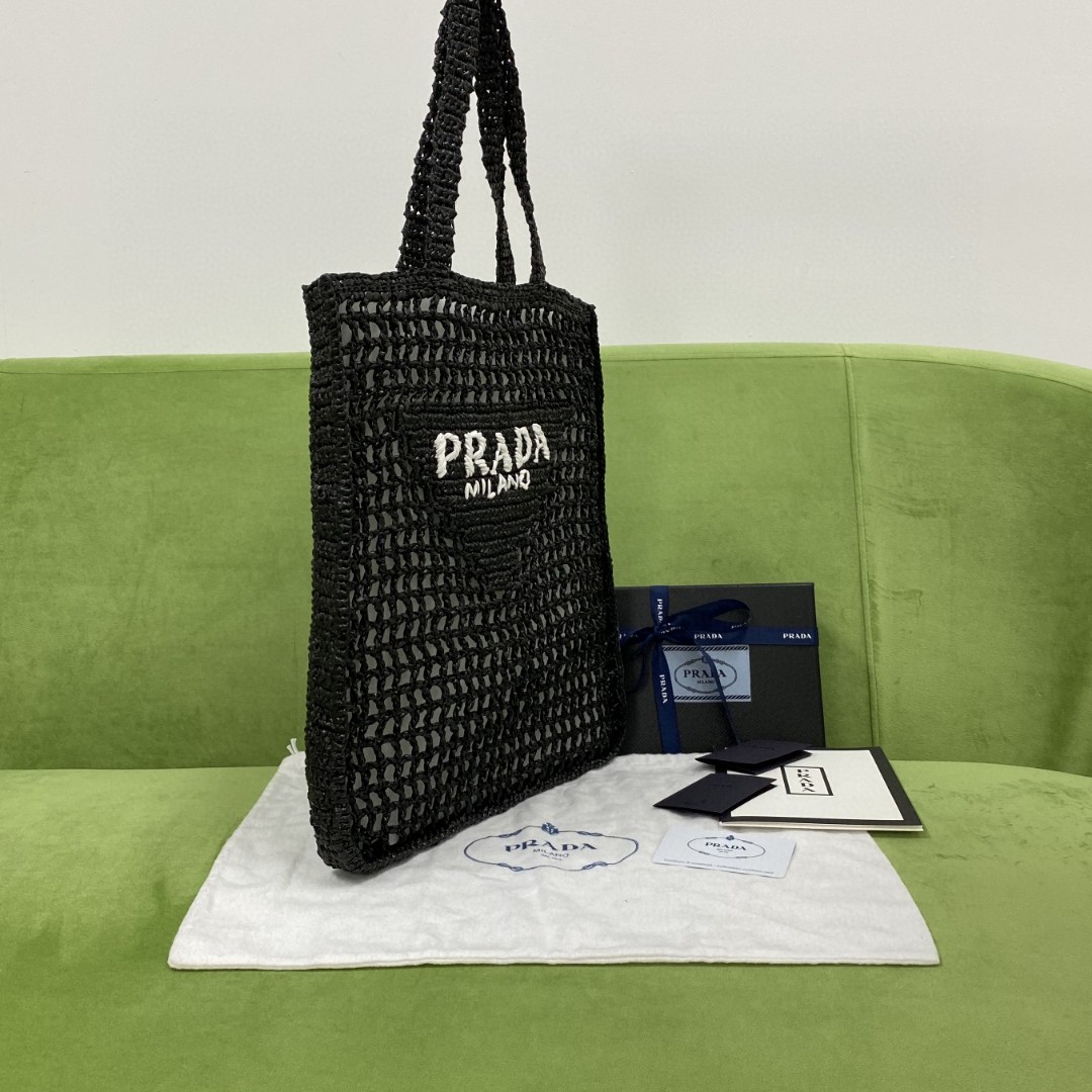 Pra*a Raffia Tote Bag Black For Women, Women’s Bags 14.9in/38cm 1BG393_2A2T_F0002_V_OOO