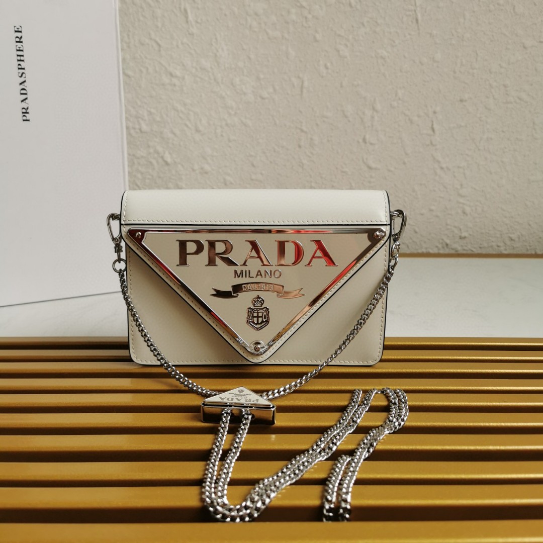 Pra*a Brushed Shoulder Bag White For Women, Women’s Bags 6.7in/17cm