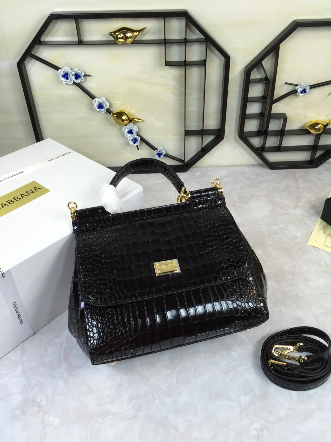 Dolce & Gabbana Medium Sicily Bag In Foiled Crocodile-Print Black For Women 10.2in/26cm DG