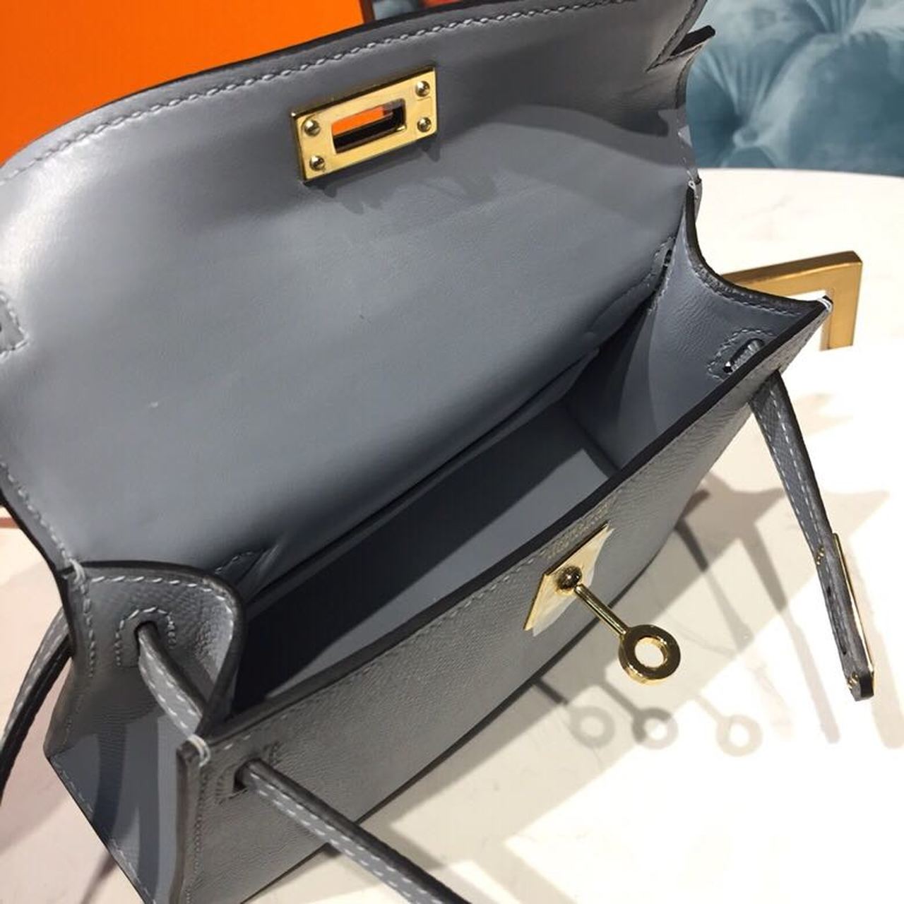 H**me5 Mini Kelly Light Blue For Women Gold Toned Hardware 7.5in/19cm