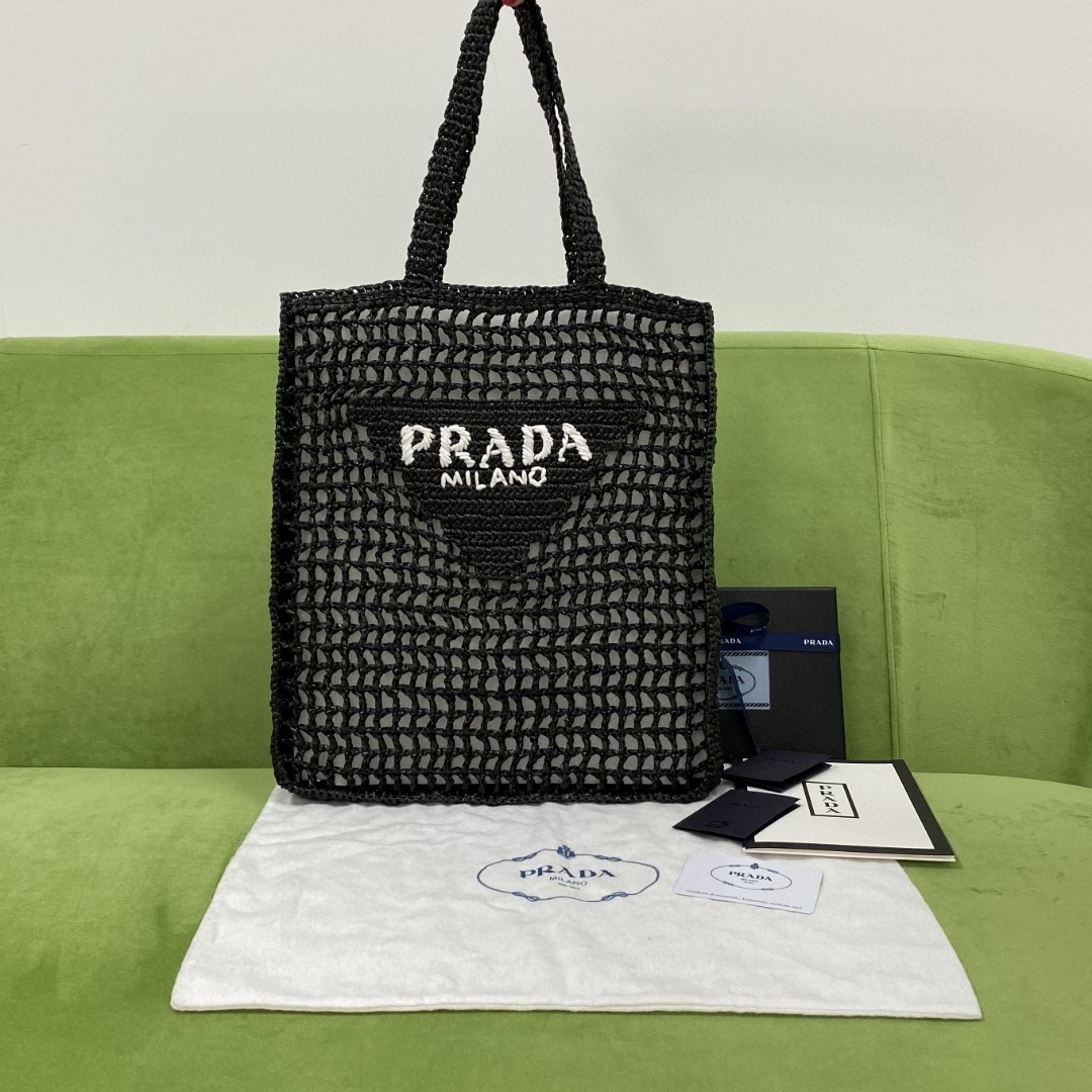 Pra*a Raffia Tote Bag Black For Women, Women’s Bags 14.9in/38cm 1BG393_2A2T_F0002_V_OOO