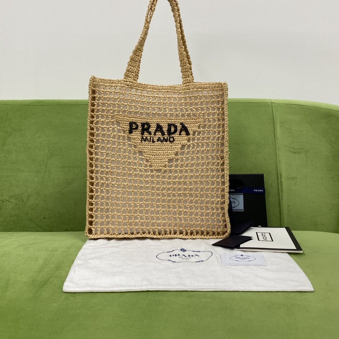 Pra*a Raffia Tote Bag Beige For Women, Women’s Bags 14.9in/38cm