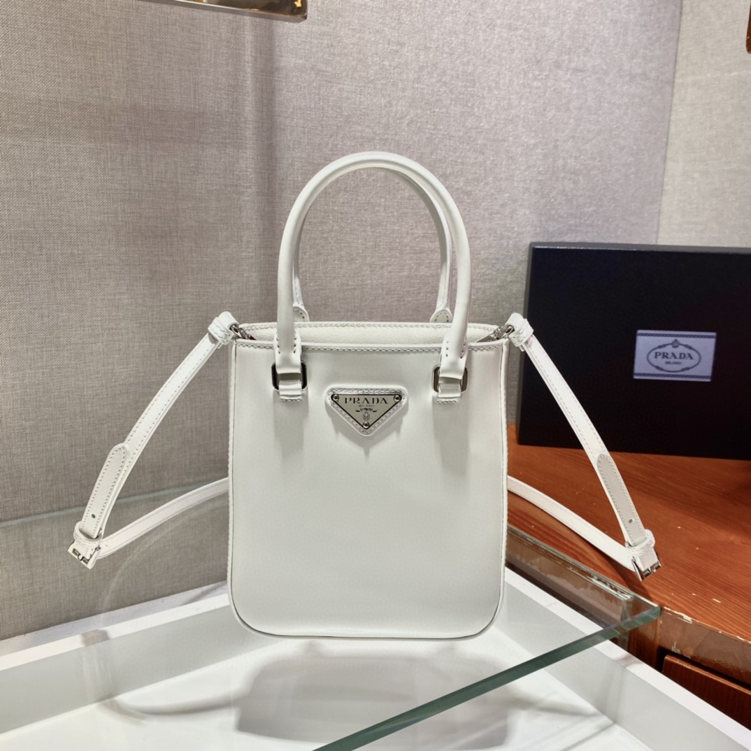 Pra*a Small Brushed Tote White For Women, Women’s Bags 6.9in/18cm 1BA331_ZO6_F0009_V_OOO