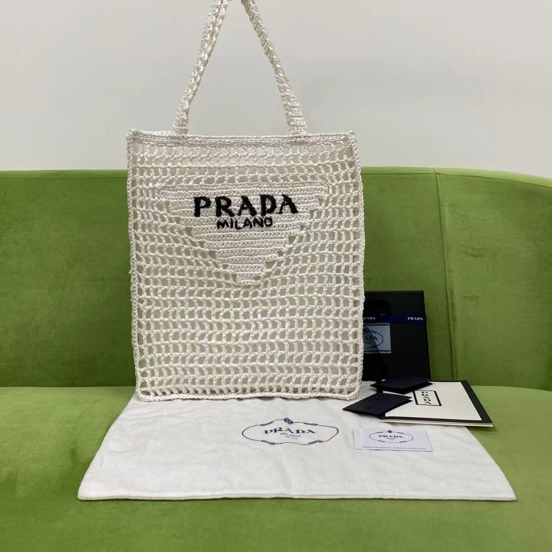 Pra*a Raffia Tote Bag White For Women, Women’s Bags 14.9in/38cm 1BG393_2A2T_F0009_V_OOO