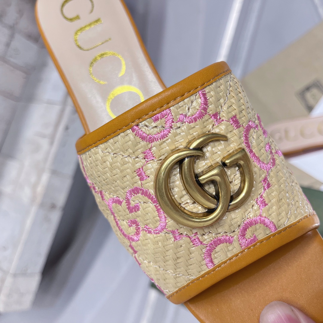 Gvc*1 Women’s GG Raffia Effect Slide Orange For Women GG 701106 UWB90 9670