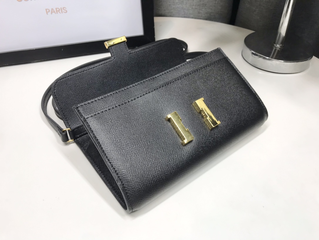 H**me5 Constance Togo Long Wallet  21cm/8.3in Gold Toned Hardware For Women Black