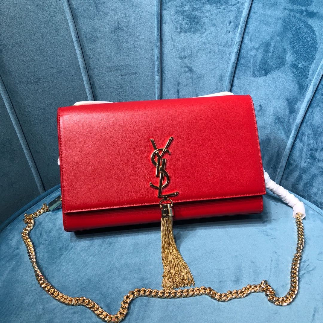 Sa1nt Lau*nt Kate Medium Chain Bag With Tassel In Grain De Poudre Red For Women 9.4in/24cm Y51
