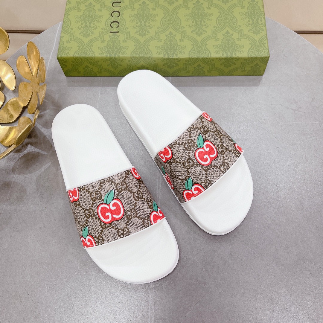 Gvc*1 Men’s GG Slide Sandal With GG Apple White And Brown For Men 407345