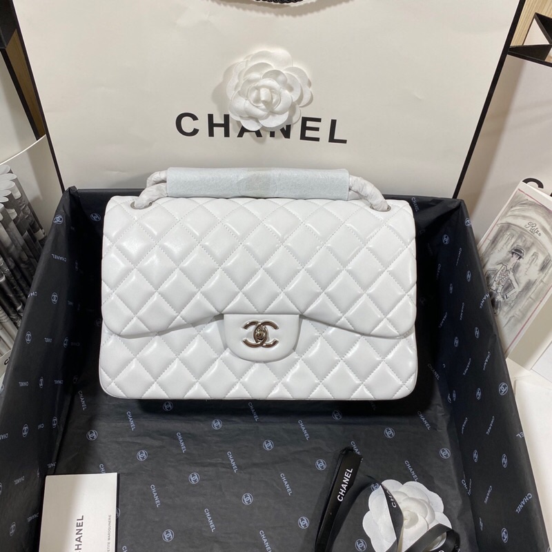 Ch**el Large Classic Handbag Silver Hardware White For Women, Women’s Handbags, Shoulder Bags 11.8in/30cm