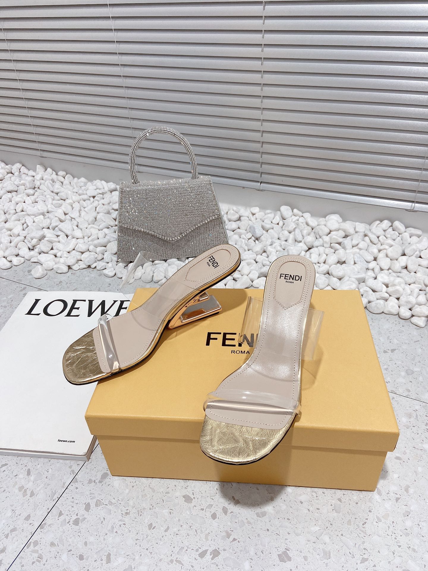 F**di First Gold Transparent Medium-Heeled Sandals For Women