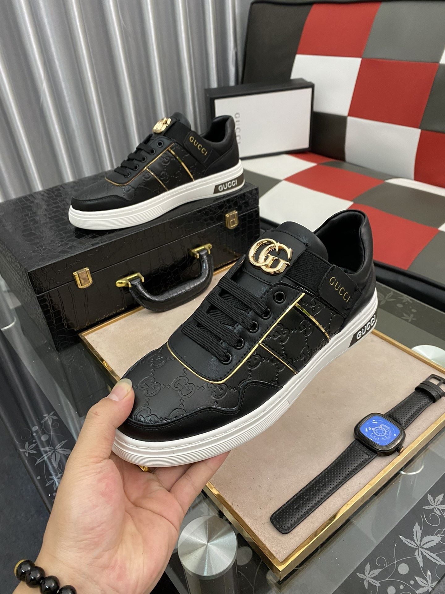 Gvc*1 Men’s GG Embossed Sneaker Loafer With GG Black Gold For Men