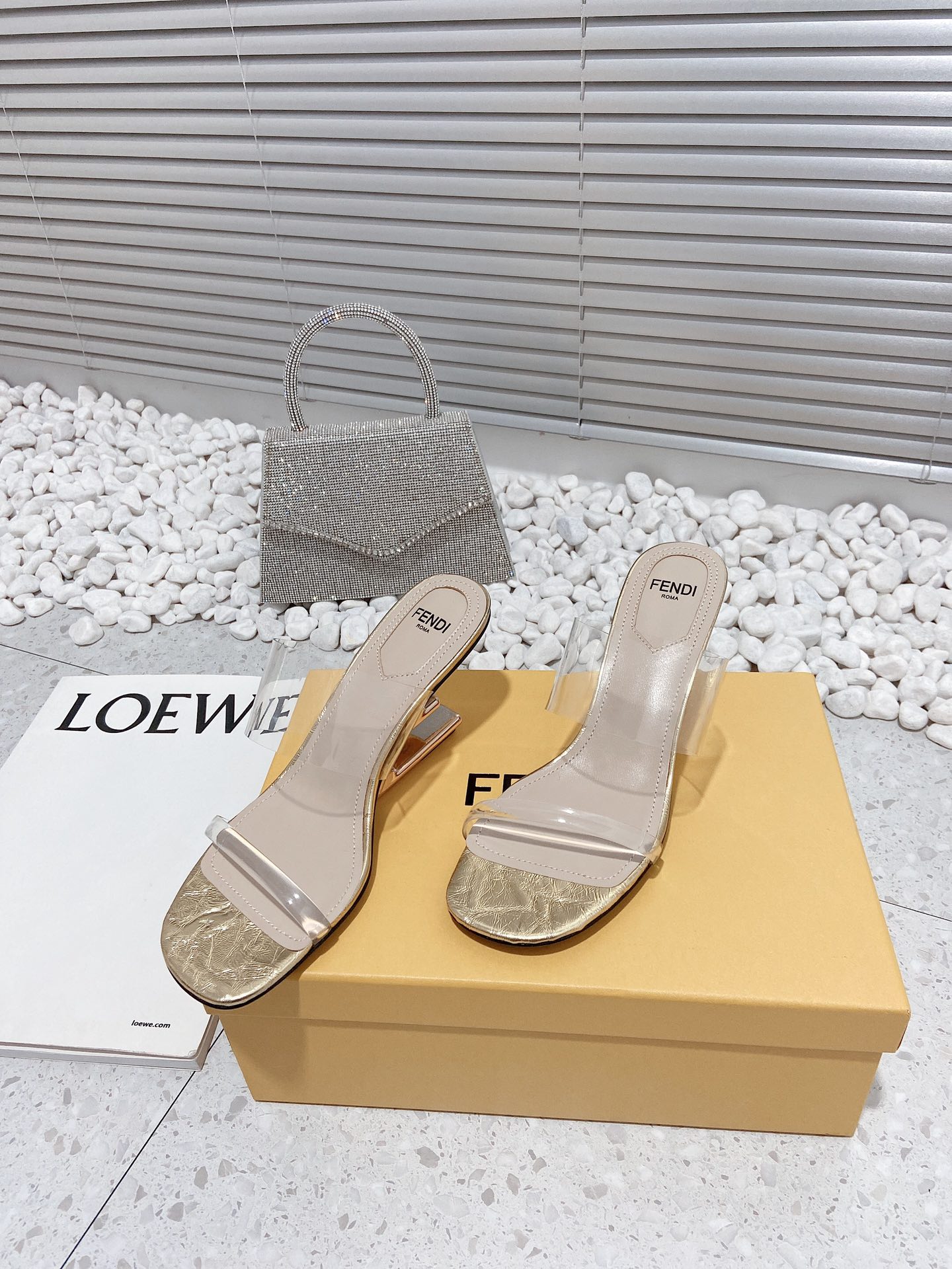 F**di First Gold Transparent Medium-Heeled Sandals For Women