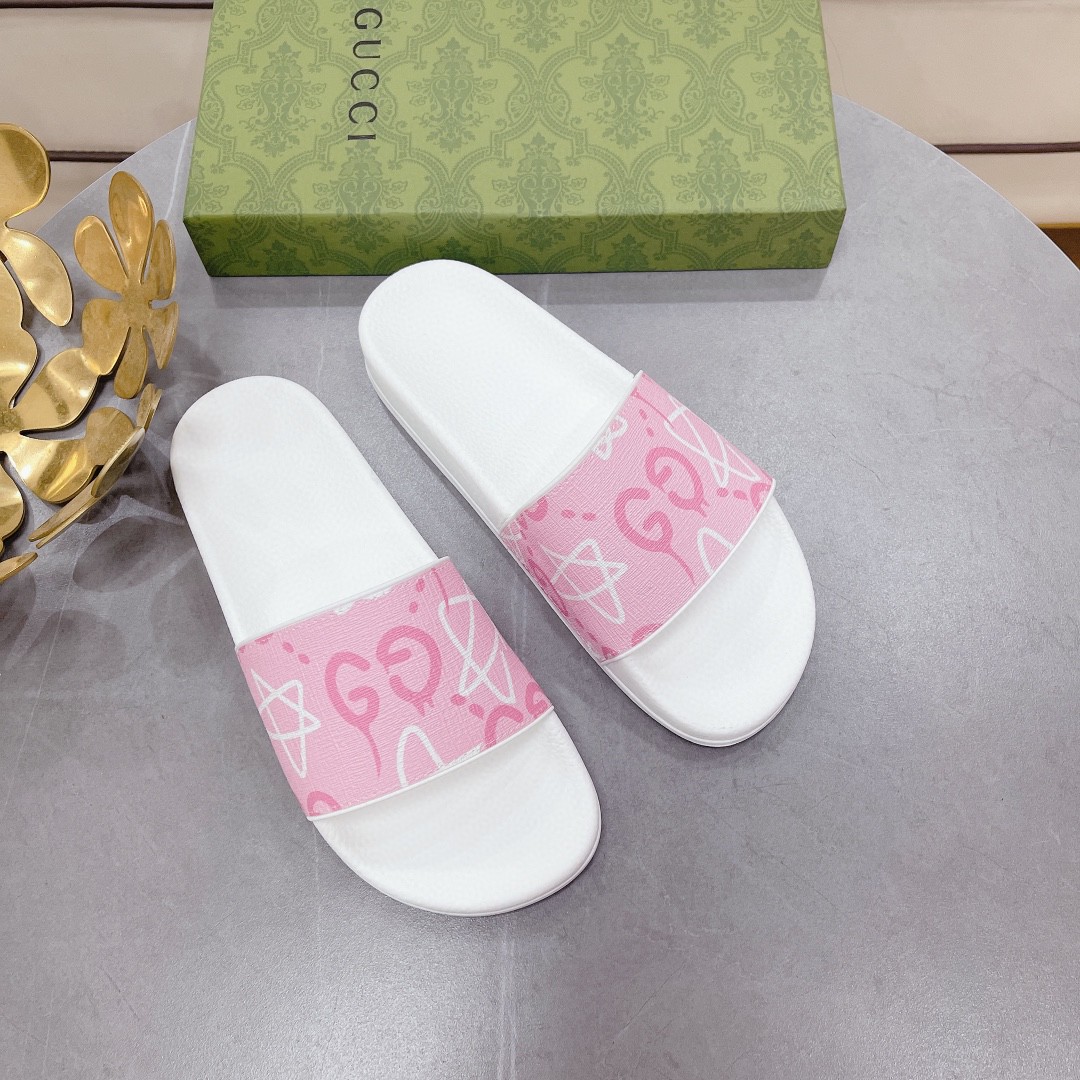Gvc*1 Women’s GG Stars Print Slide Sandal Pink And White For Women 408508
