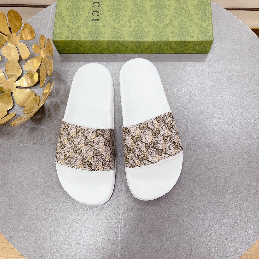 Gvc*1 Women’s GG Slide Sandal With Bees White And Brown For Women 407345