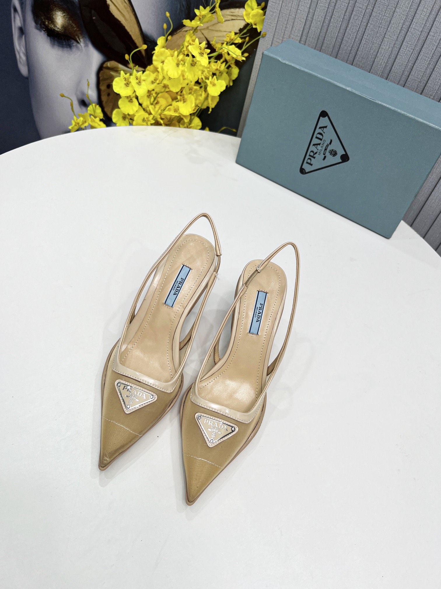 Pra*a Mesh Fabric Slingback Pumps Beige For Women PRD 1I828M_099_F0F24_F_045