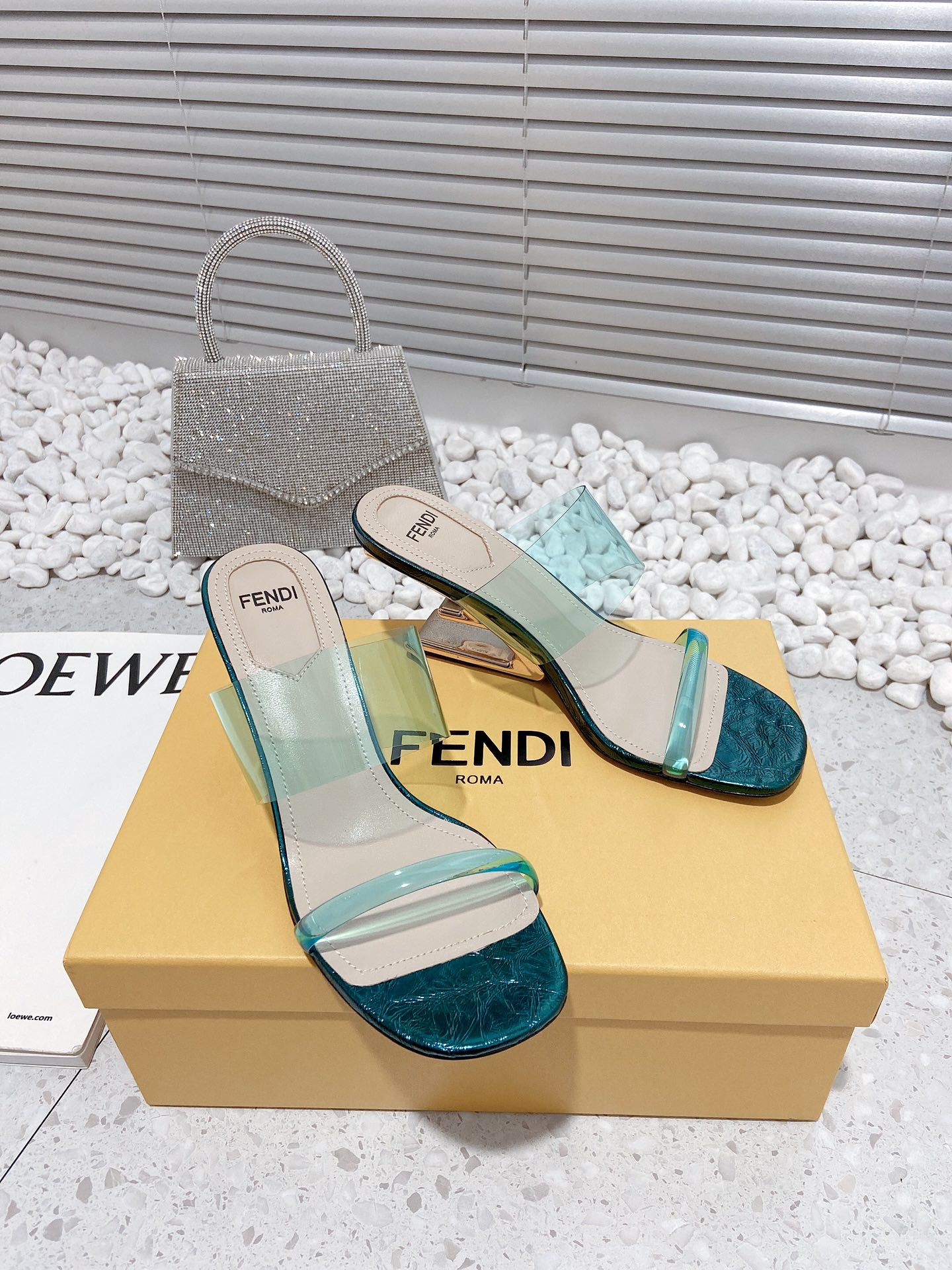 F**di First Dark Green Transparent Medium-Heeled Sandals For Women