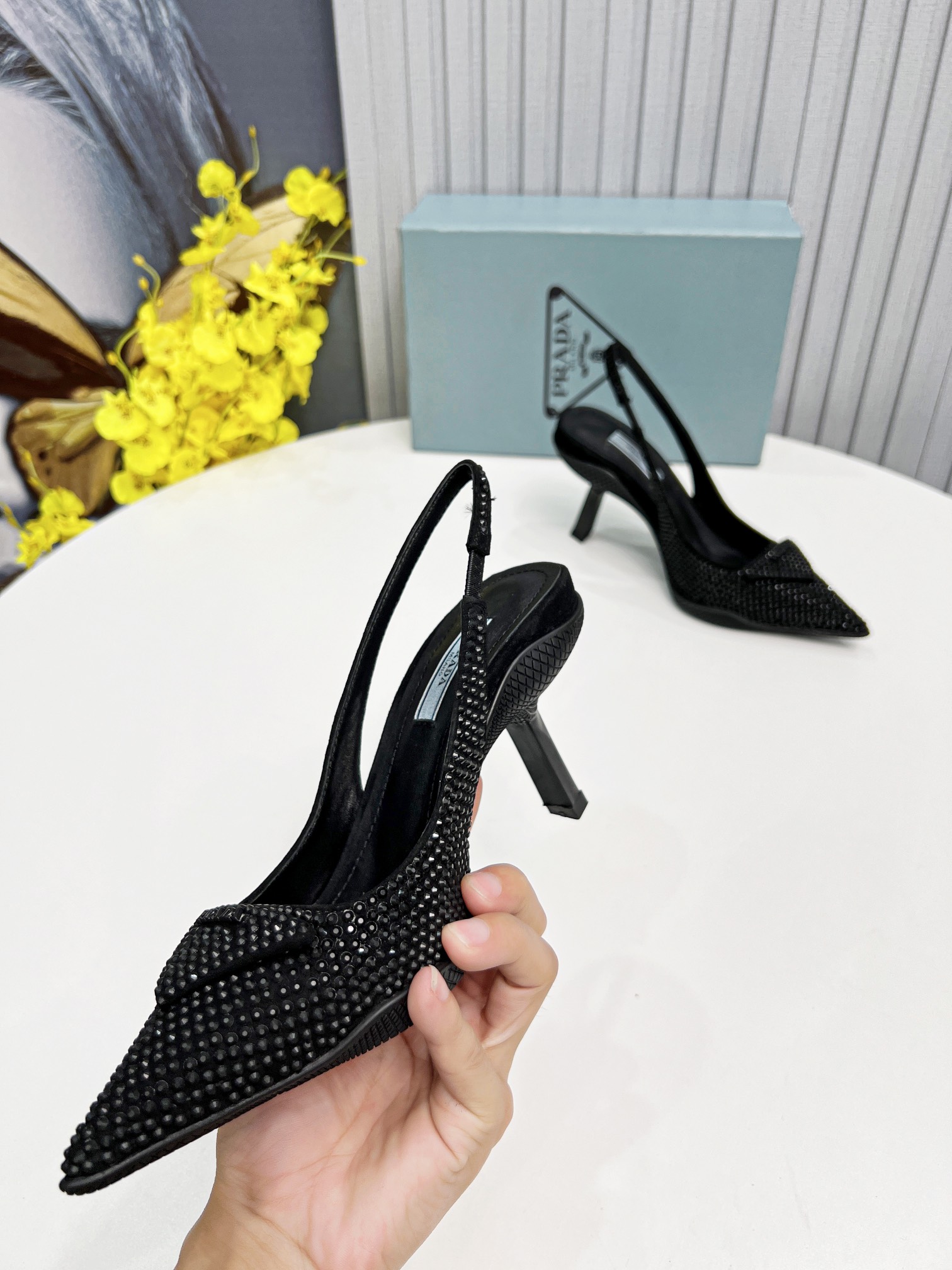 Pra*a Satin Slingback Pumps With Crystals Black For Women 2.2in/55mm PRD