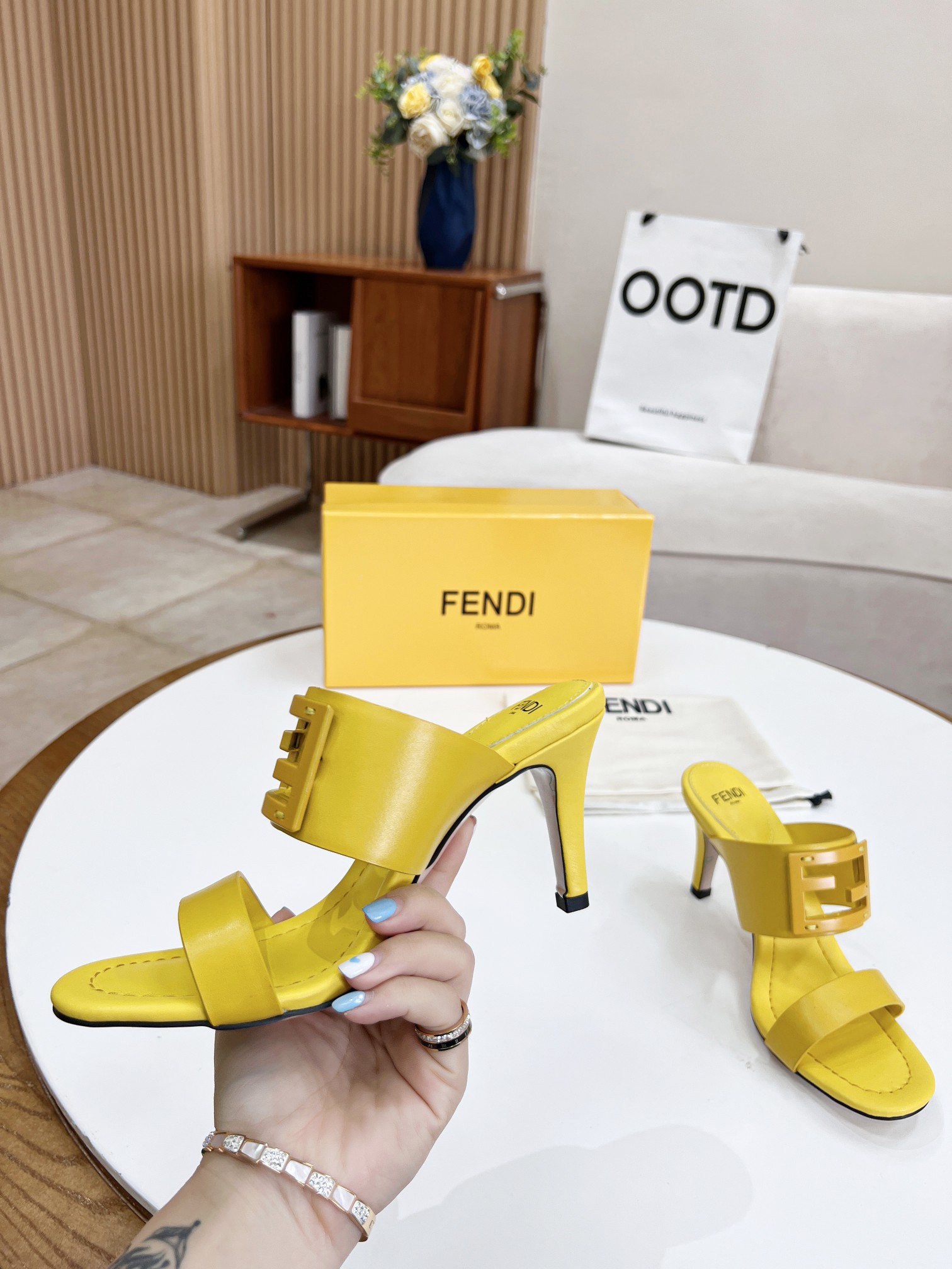 F**di Baguette Yellow Heels For Women