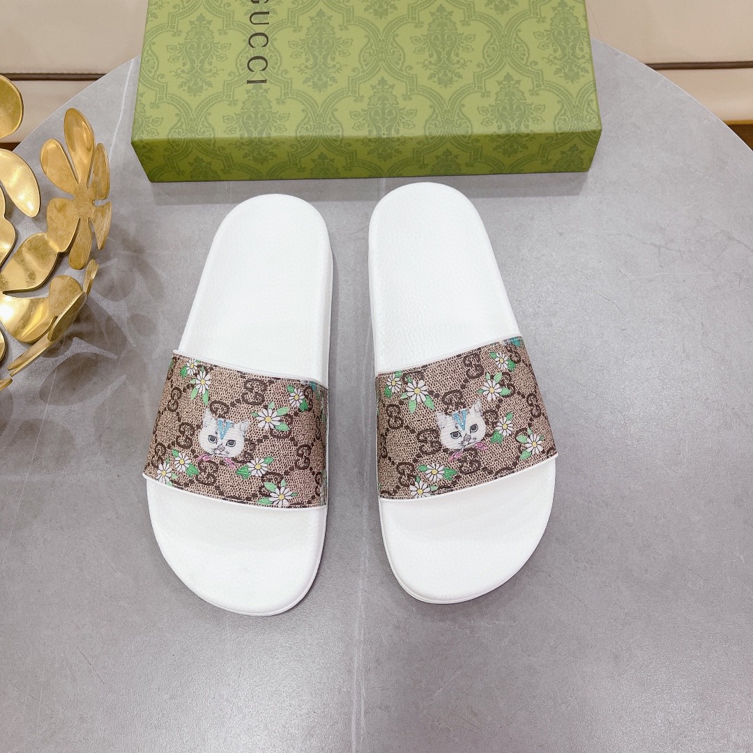 Gvc*1 Women’s GG Slide Sandal With Cat White And Brown For Women 407345