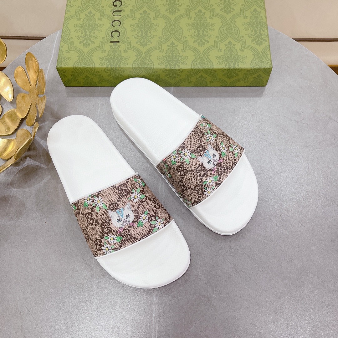 Gvc*1 Women’s GG Slide Sandal With Cat White And Brown For Women 407345