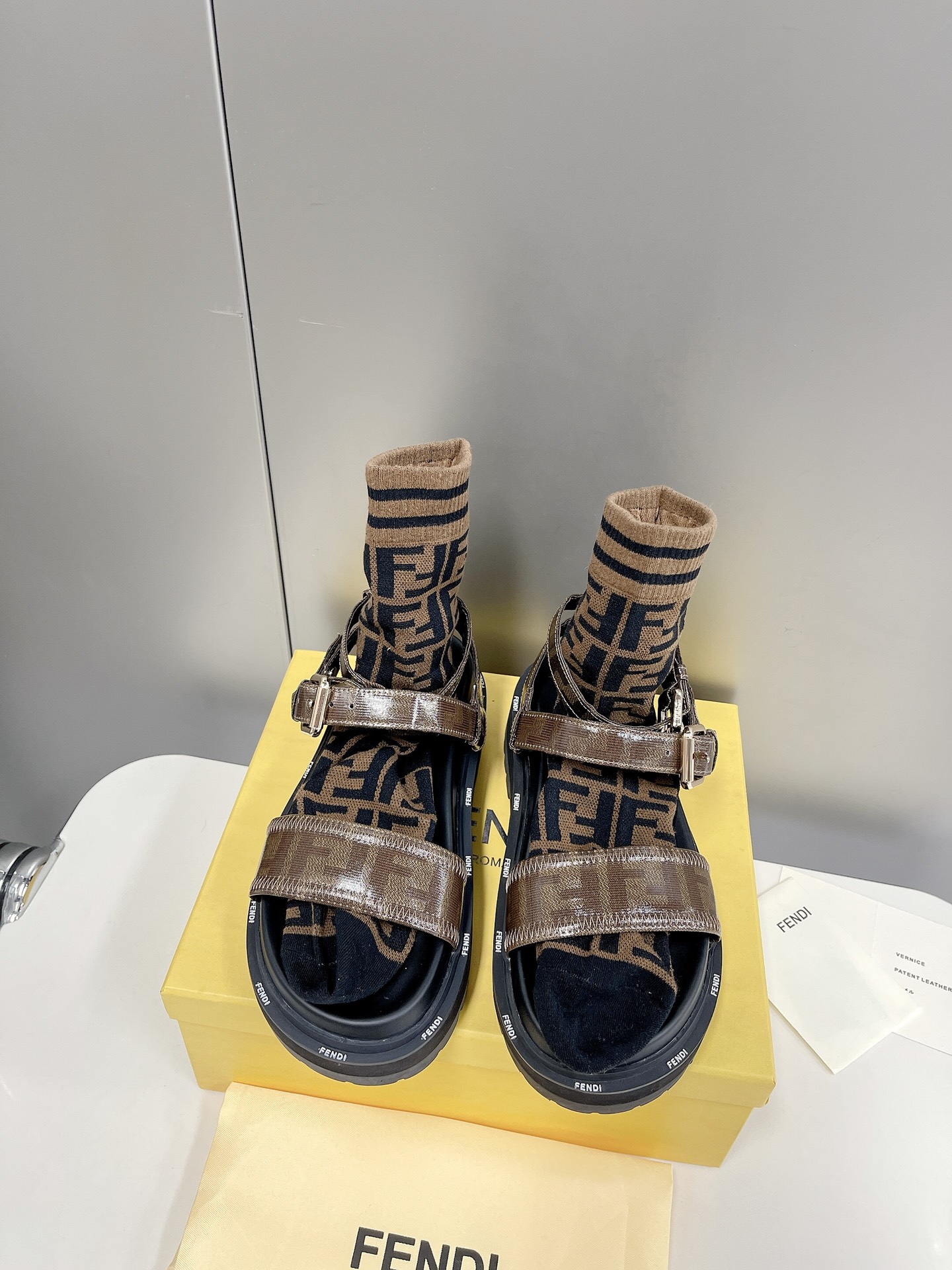 F**di Brown FF Jacquard Sandals For Women