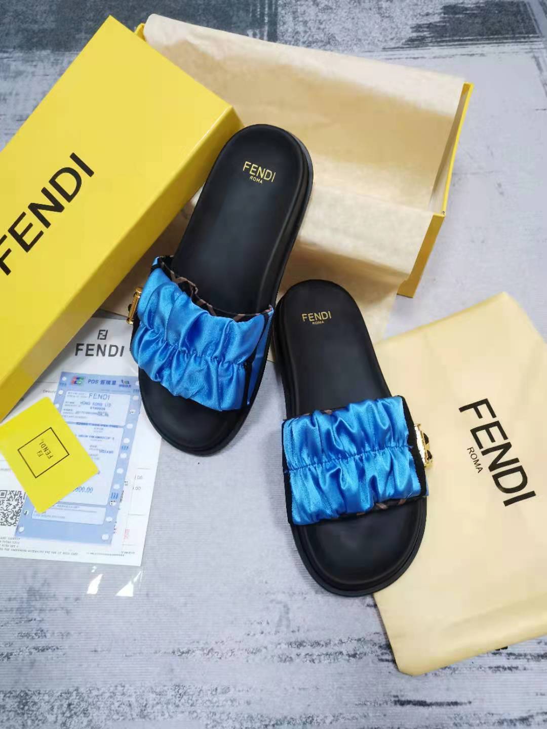 F**di Feel Blue Satin Slides For Women