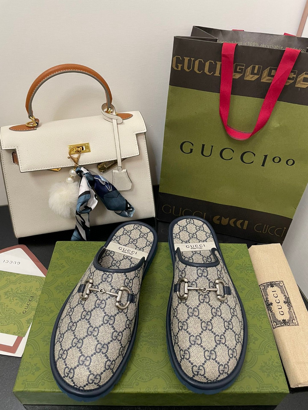 Gvc*1 Men’s GG Slipper With Horsebit Blue For Men GG Shoes ‎694249 96G60 4073