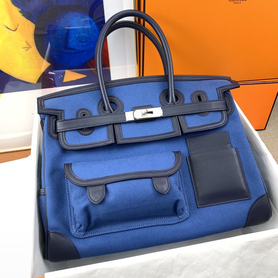 H**me5 Birkin Cargo 35 Blue, Silver Toned Hardware Bag For Women, Women’s Handbags, Shoulder Bags 13.8in/35cm