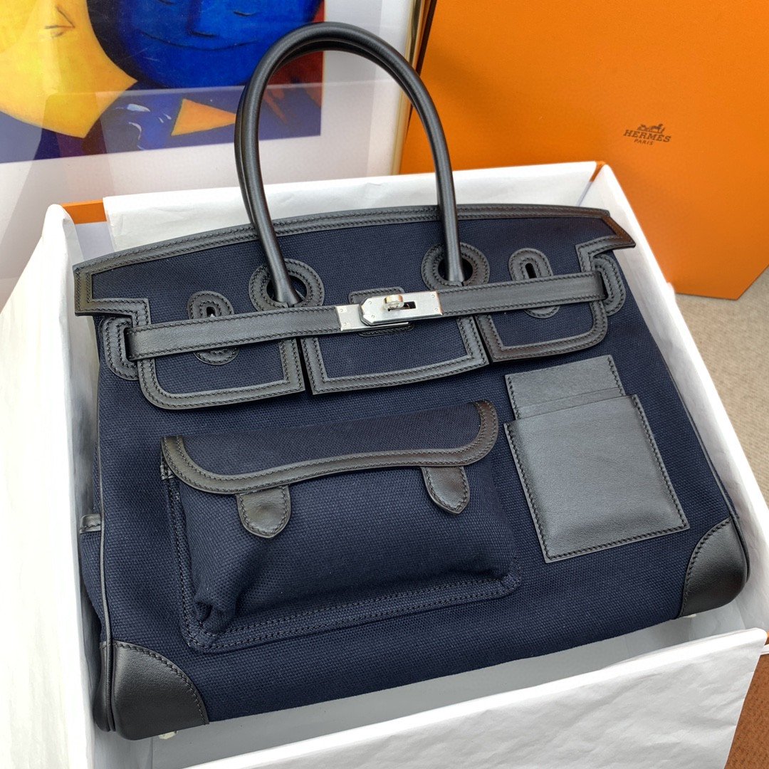 H**me5 Birkin Cargo 35 Navy Blue, Silver Toned Hardware Bag For Women, Women’s Handbags, Shoulder Bags 13.8in/35cm