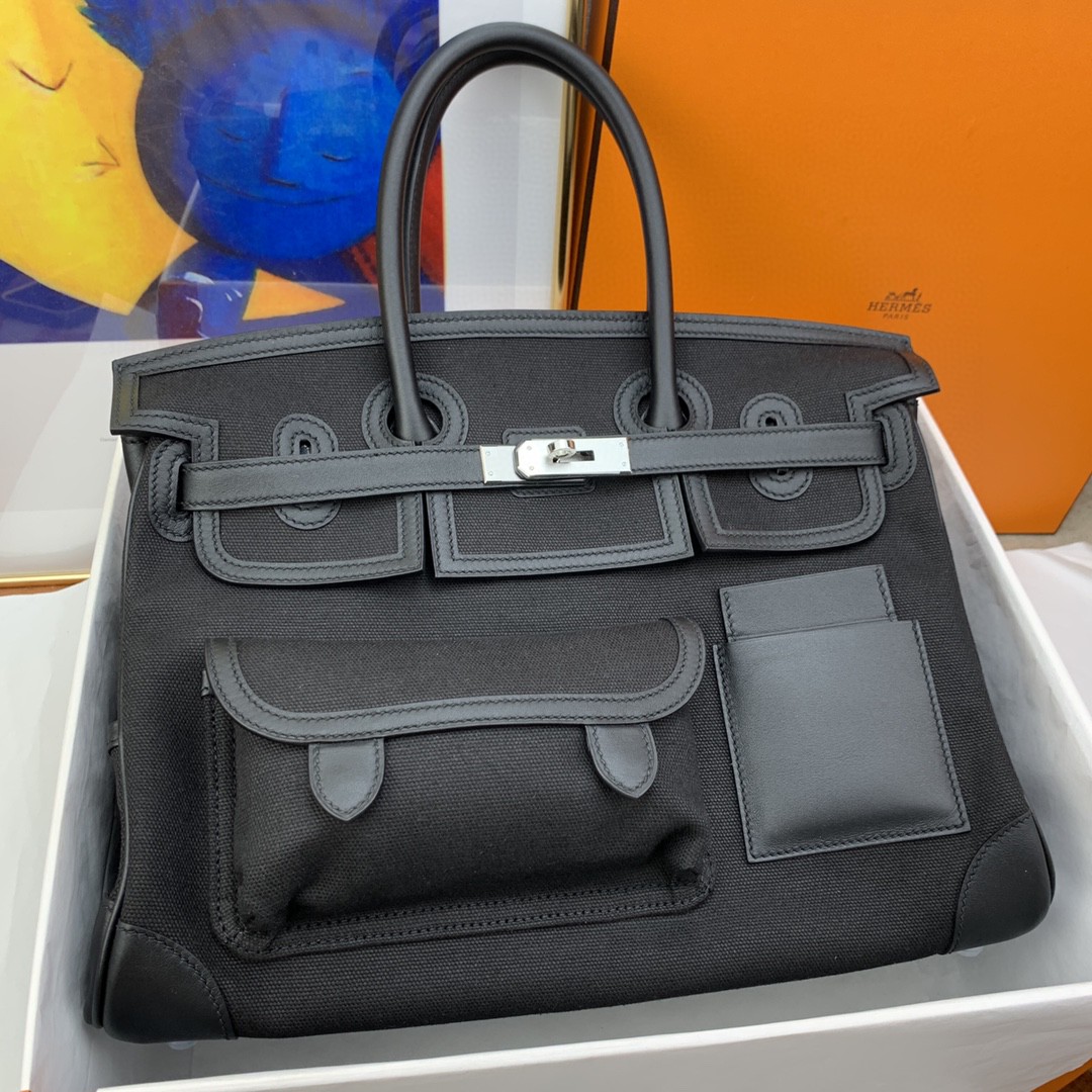 H**me5 Birkin Cargo 35 Black, SIlver Toned Hardware Bag For Women, Women’s Handbags, Shoulder Bags 13.8in/35cm