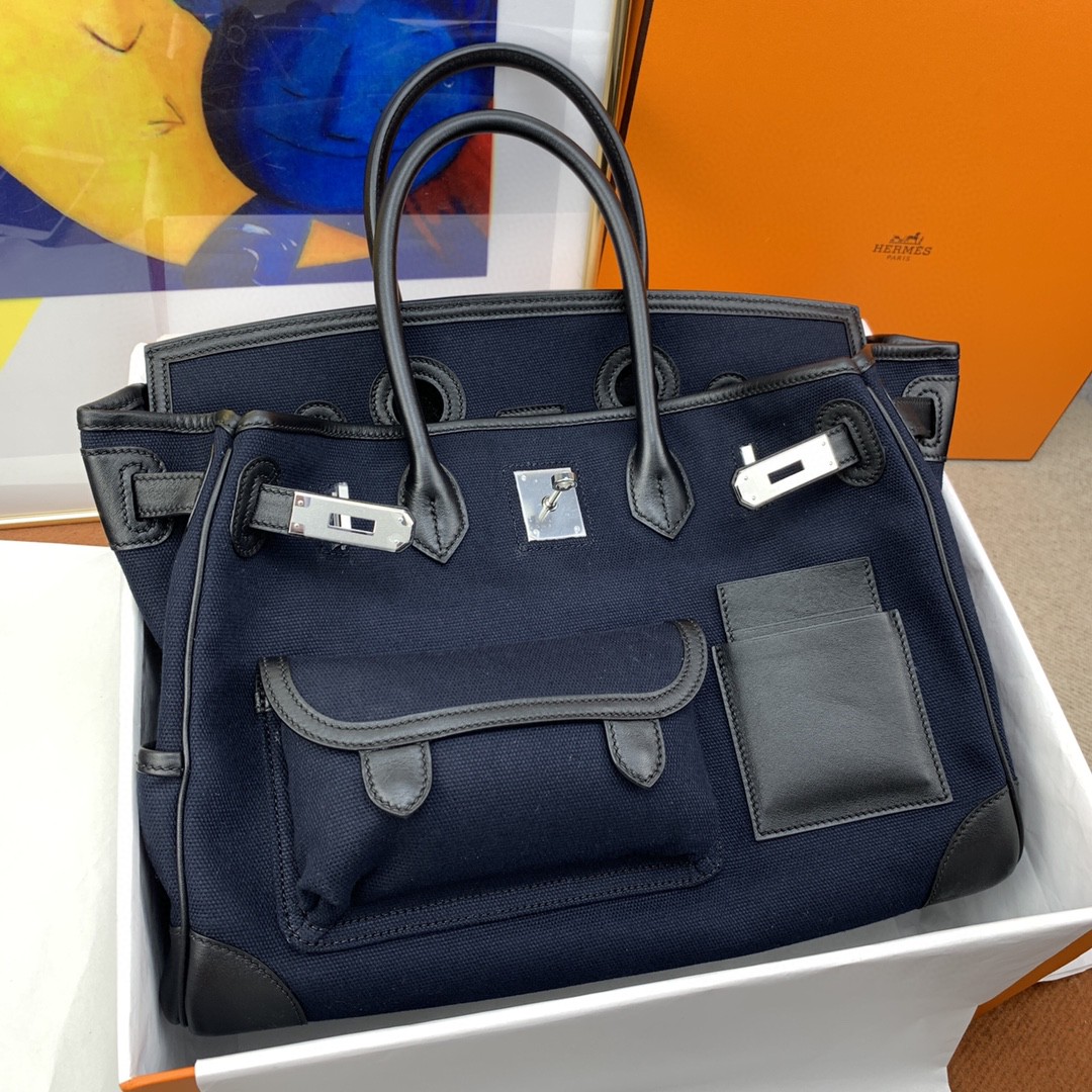 H**me5 Birkin Cargo 35 Navy Blue, Silver Toned Hardware Bag For Women, Women’s Handbags, Shoulder Bags 13.8in/35cm