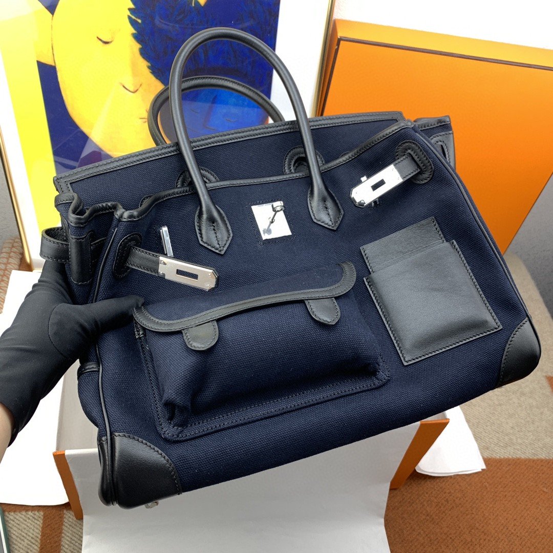 H**me5 Birkin Cargo 35 Navy Blue, Silver Toned Hardware Bag For Women, Women’s Handbags, Shoulder Bags 13.8in/35cm
