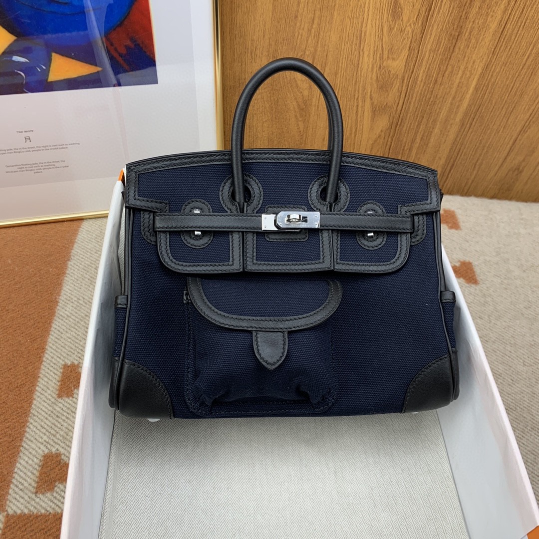 H**me5 Birkin Cargo 25 Dark Blue, SIlver Toned Hardware Bag For Women, Women’s Handbags, Shoulder Bags 9.8in/25cm
