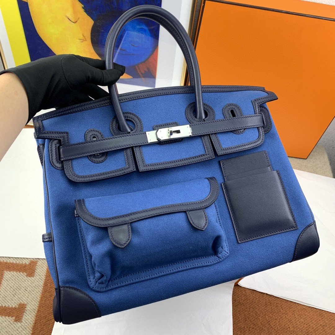 H**me5 Birkin Cargo 35 Blue, Silver Toned Hardware Bag For Women, Women’s Handbags, Shoulder Bags 13.8in/35cm