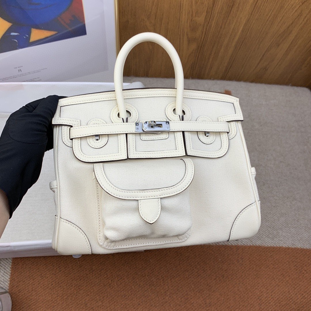 H**me5 Birkin Cargo 25 White, Silver Toned Hardware Bag For Women, Women’s Handbags, Shoulder Bags 9.8in/25cm