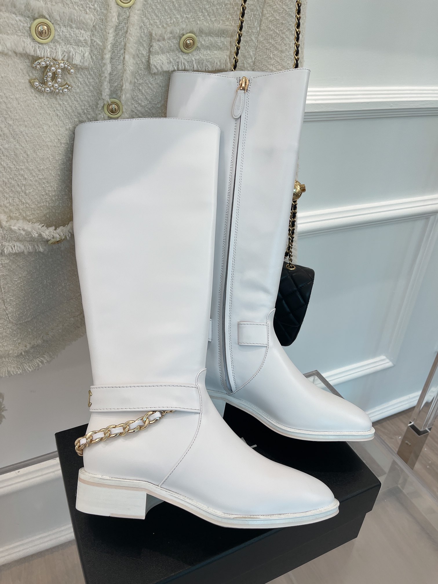 Ch**el Women’s Ankle Boots With Chain White For Women 1.5in/4cm