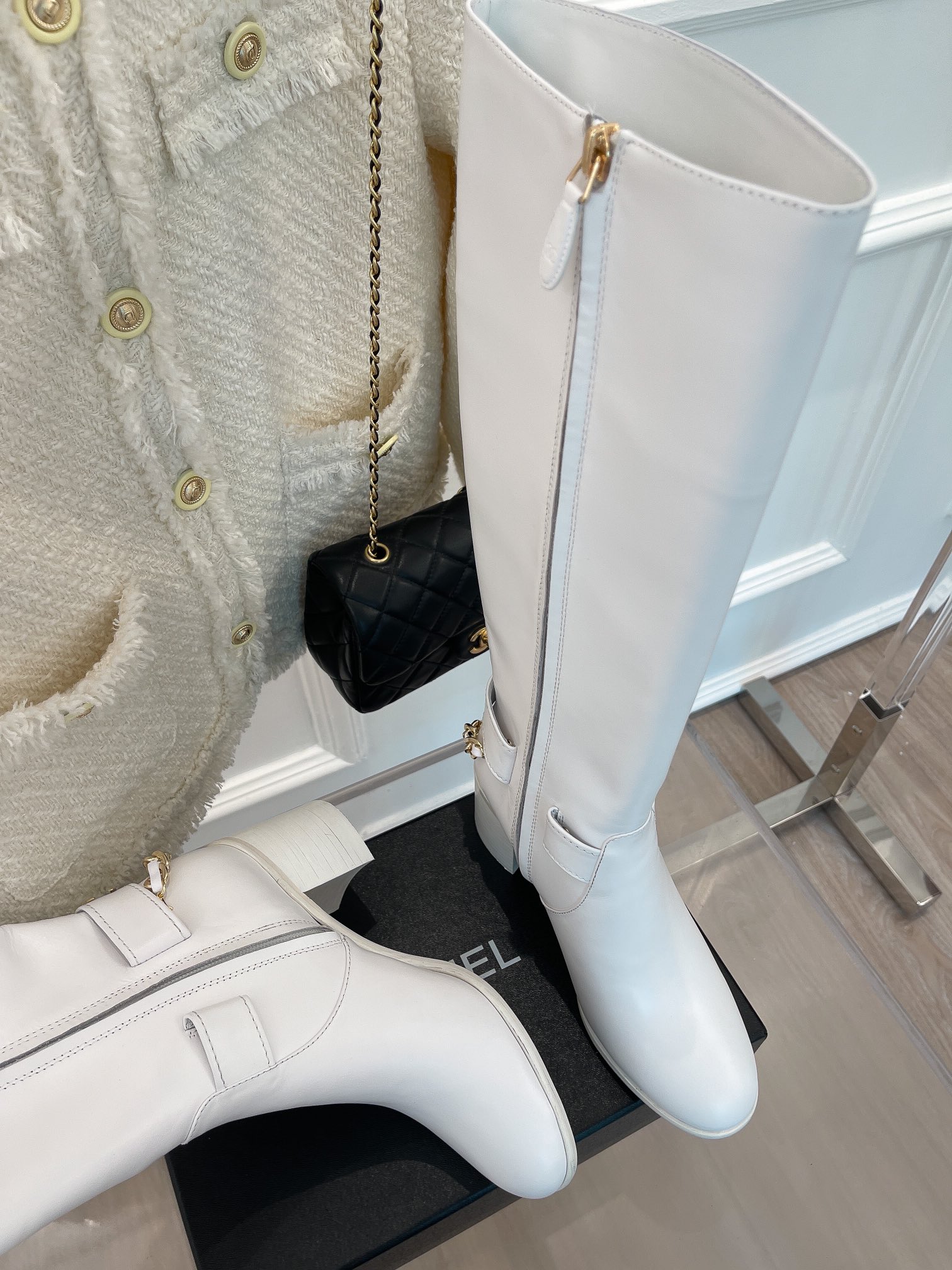 Ch**el Women’s High Boots With Chain White For Women 3.7in/ 9.5cm