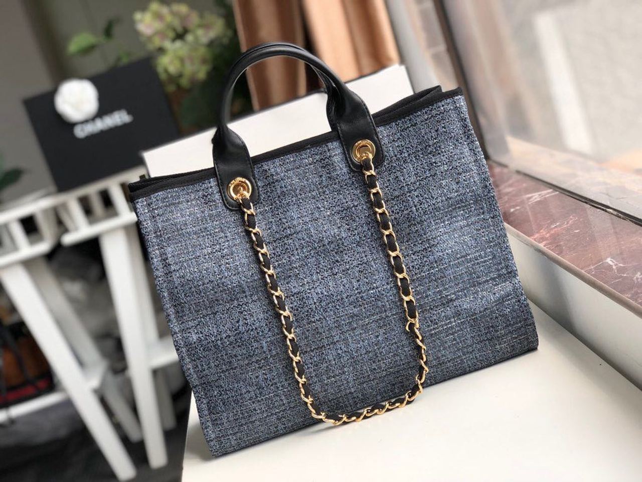Ch**el Deauville Tote 38cm Blue/Black For Women A66941